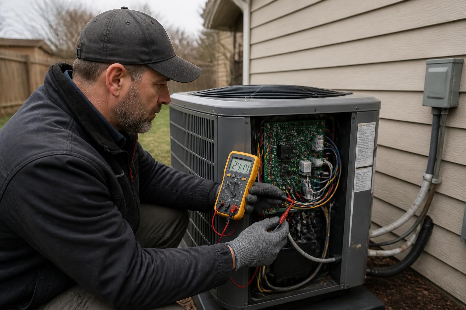 Technician testing heat pump control board with a multimeter during a heat pump repair