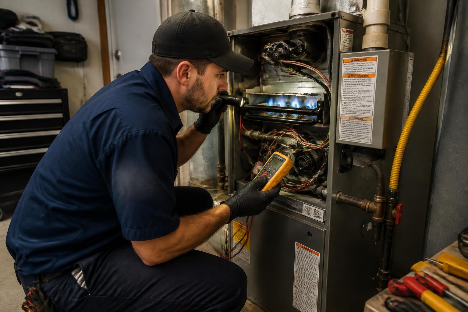 Technician inspecting gas furnace burners with a flashlight during a furnace repair