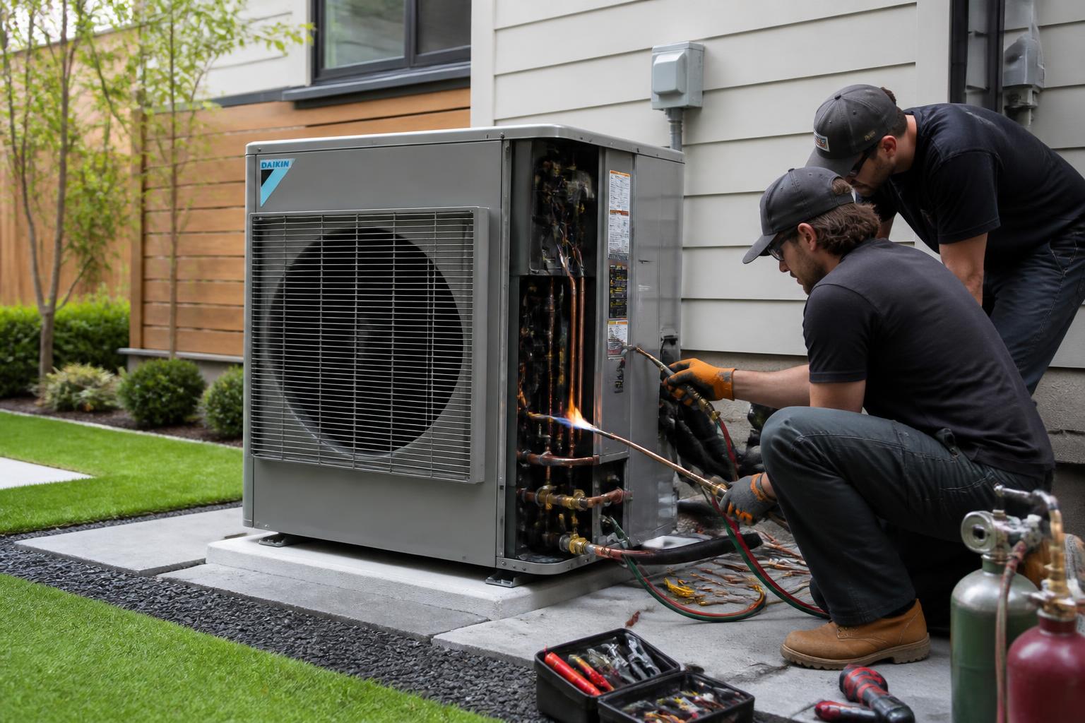 Technicians brazing refrigerant lines while installing a new energy-efficient heat pump