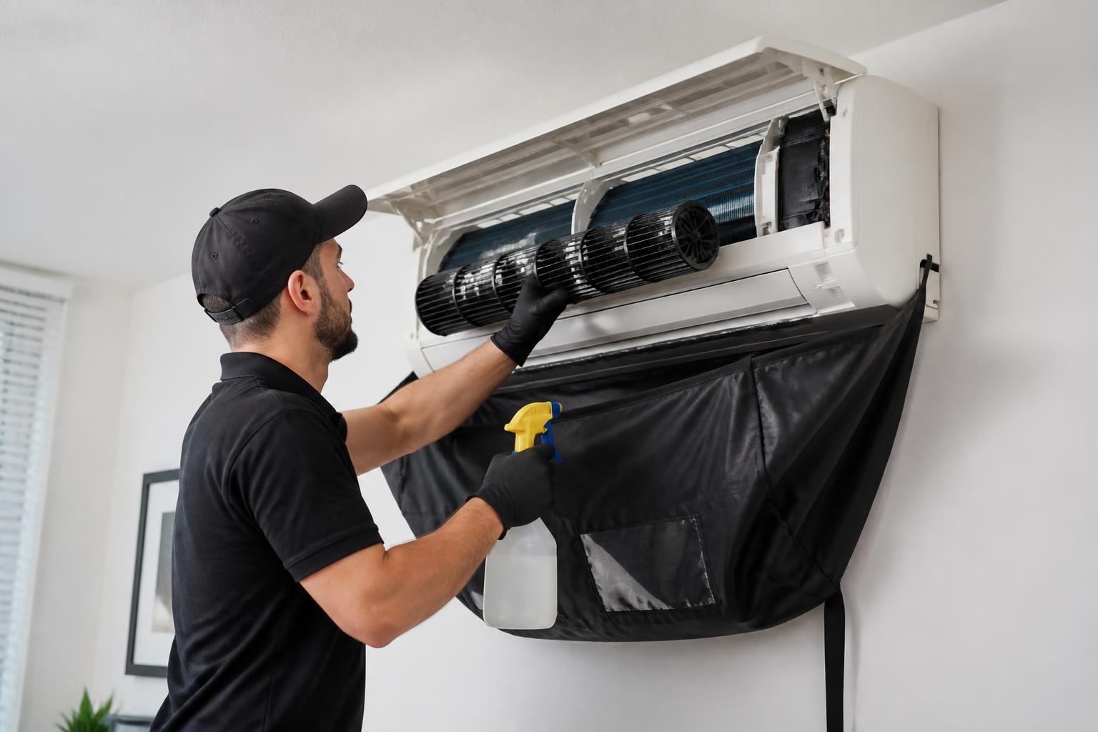 Technician cleaning the blower wheel and filters of a mini-split during maintenance