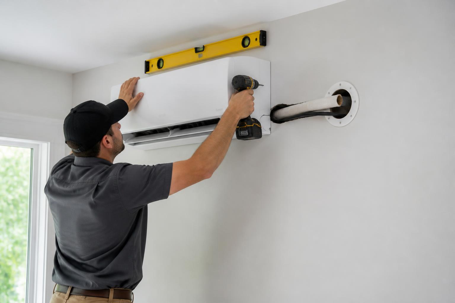 Installer mounting a new ductless mini-split indoor head on an interior wall