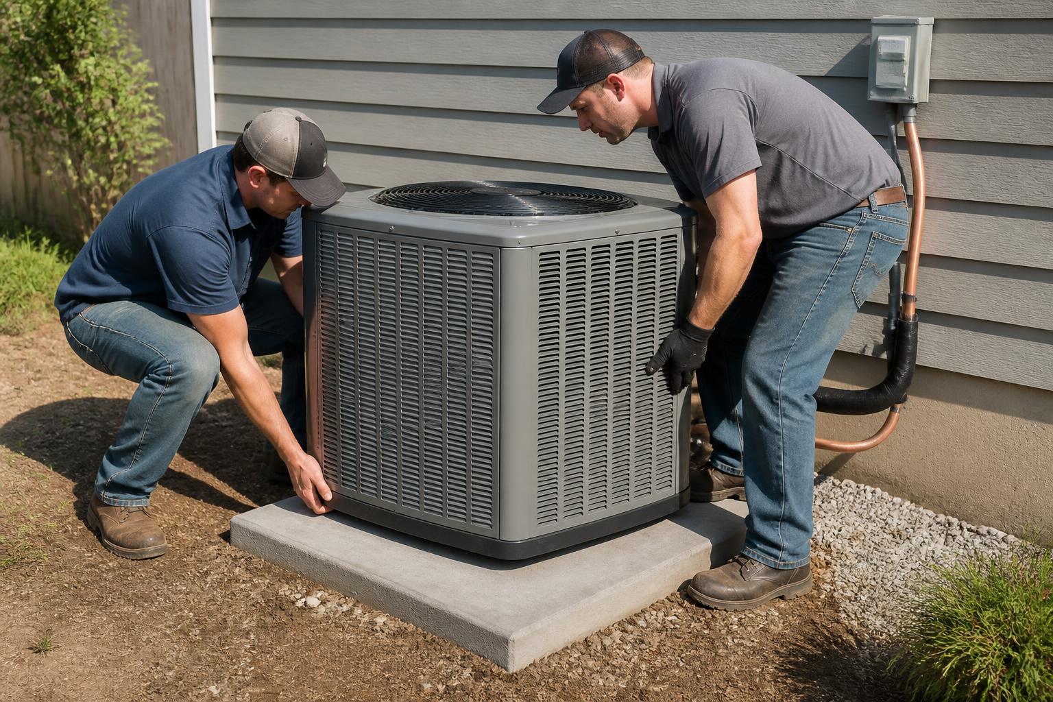 Installers setting a new air conditioning condenser on a concrete pad during an A/C installation