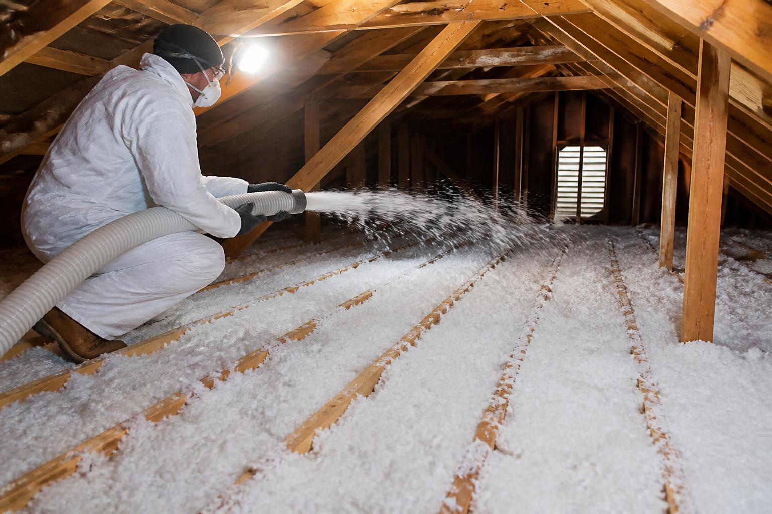 Contractor blowing new fiberglass insulation into a residential attic