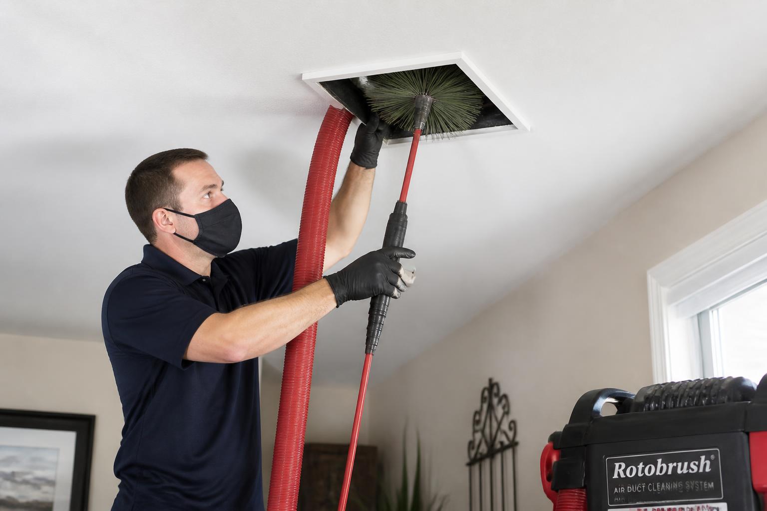 Technician cleaning a ceiling air duct with a rotary brush and vacuum hose