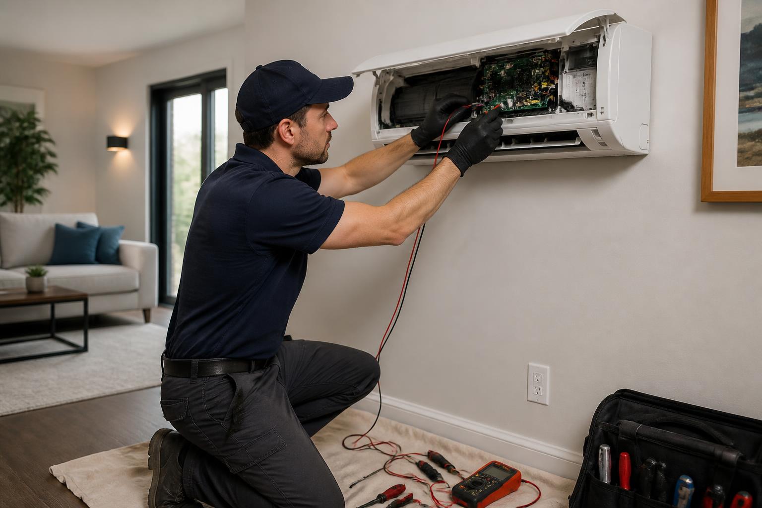 Technician repairing the circuit board of a wall-mounted ductless mini-split air handler