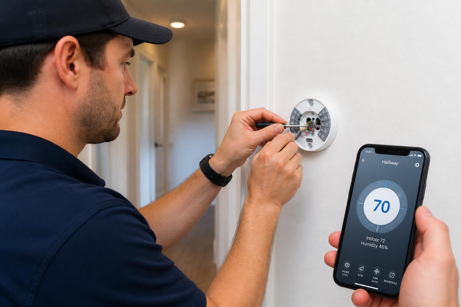 Technician wiring a new smart thermostat on a home wall with the control app on a phone