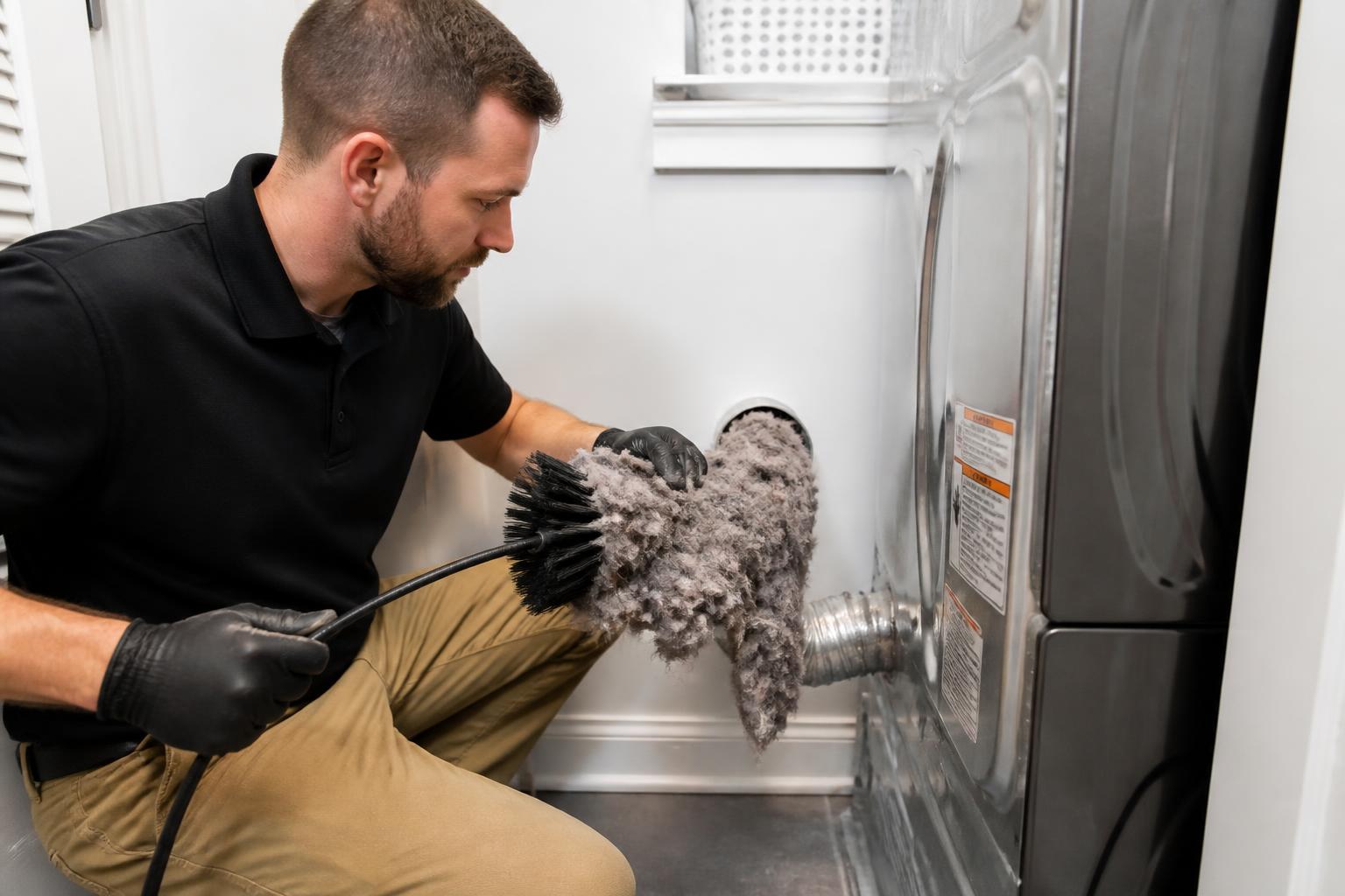Technician pulling lint buildup from a clothes dryer vent during a dryer vent cleaning